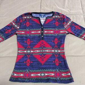 NWOT -Chaps Denim Tribal Print Henley Top, size PXS, Long sleeves